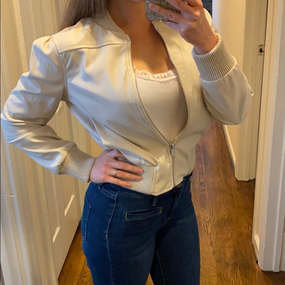 Tahari Cream Ivory Faux Leather Bomber Jacket